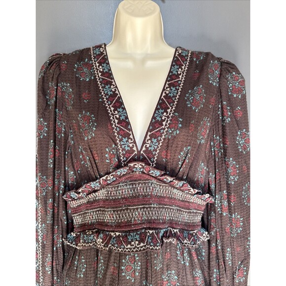 NWT SEA NY Ellabeth Size 8 Boho V-Neck Brown Cotton Blend Long Sleeve Dress  New - Picture 9 of 16